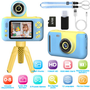 Kids Digital Camera With Flip Lens Children Video Camcorder With Tripod 2.4in Screen 32G MMC Card